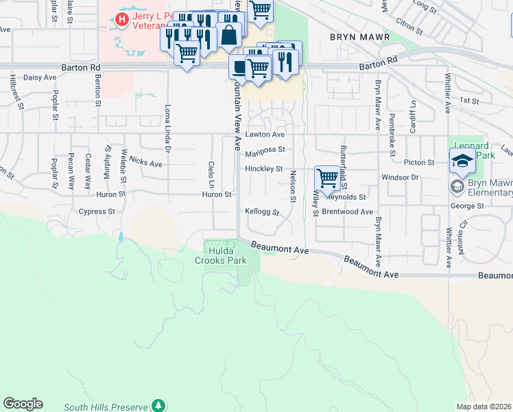 map of restaurants, bars, coffee shops, grocery stores, and more near 25720 Kellogg Street in Loma Linda