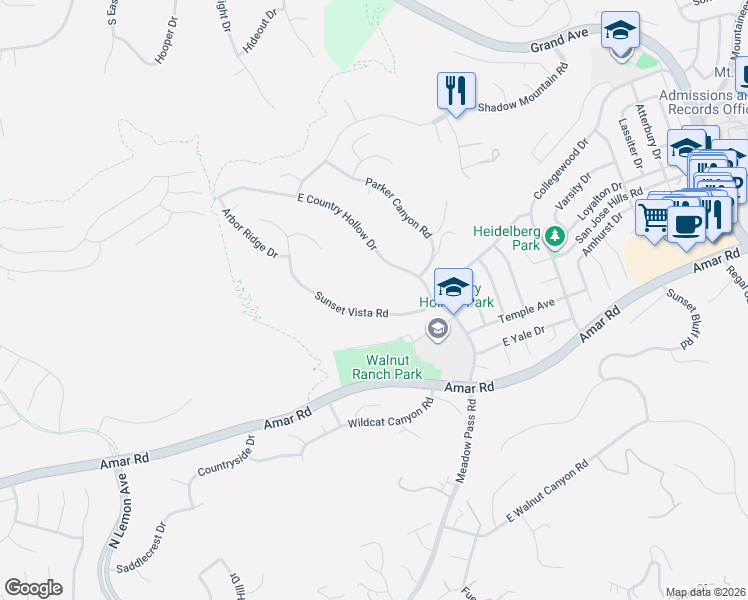 map of restaurants, bars, coffee shops, grocery stores, and more near 19957 Sunset Vista Road in Walnut