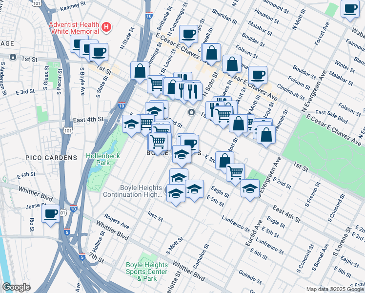 map of restaurants, bars, coffee shops, grocery stores, and more near 2422 East 3rd Street in Los Angeles