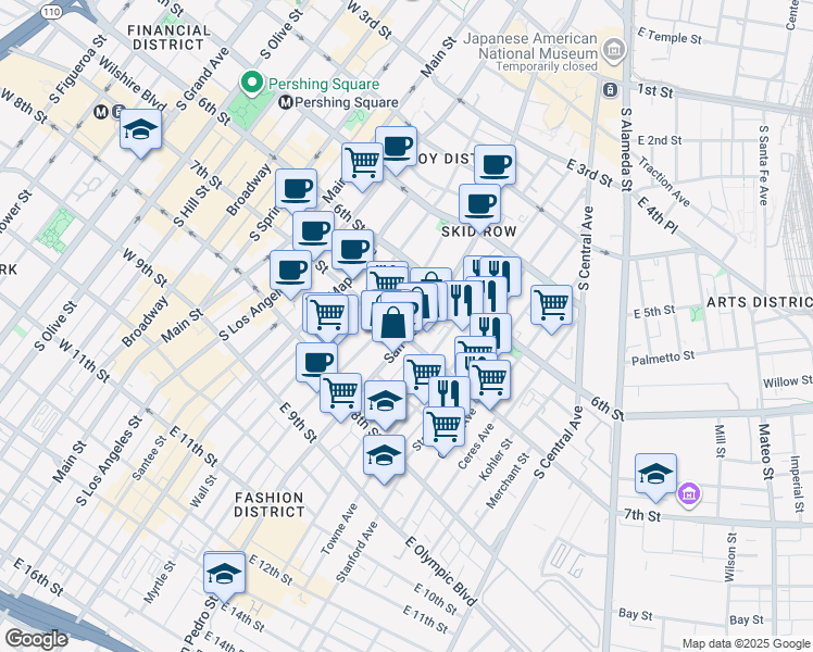map of restaurants, bars, coffee shops, grocery stores, and more near 672 San Pedro Street in Los Angeles