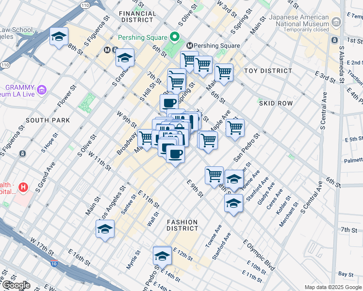 map of restaurants, bars, coffee shops, grocery stores, and more near 825 Santee Street in Los Angeles
