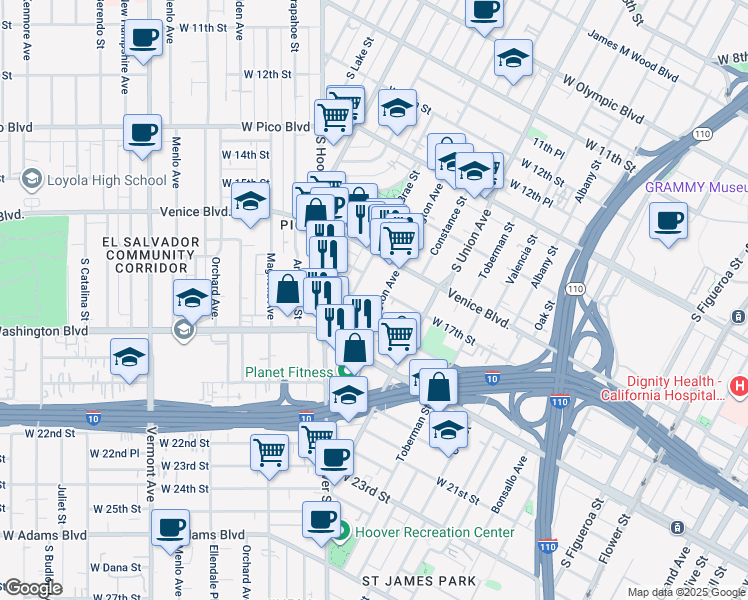 map of restaurants, bars, coffee shops, grocery stores, and more near 1800 South Bonnie Brae Street in Los Angeles