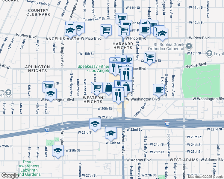 map of restaurants, bars, coffee shops, grocery stores, and more near 1830 South Saint Andrews Place in Los Angeles