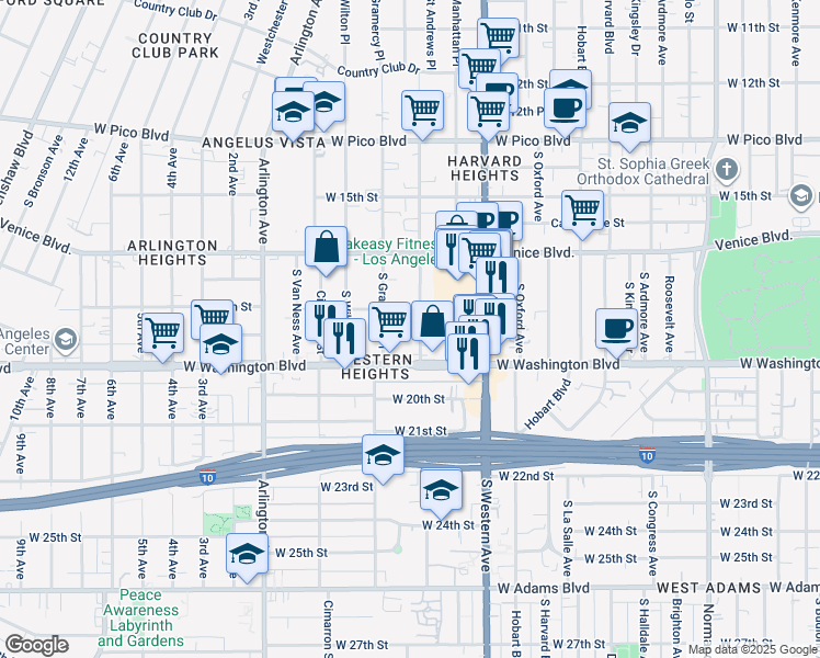 map of restaurants, bars, coffee shops, grocery stores, and more near 1824 South Gramercy Place in Los Angeles