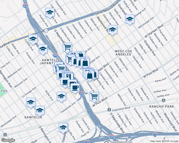 map of restaurants, bars, coffee shops, grocery stores, and more near 2122 South Sepulveda Boulevard in Los Angeles