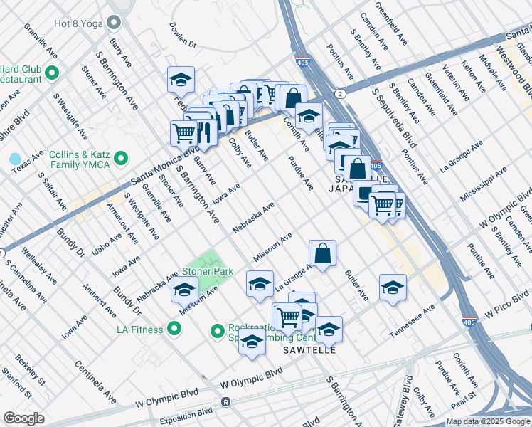 map of restaurants, bars, coffee shops, grocery stores, and more near 1810 Federal Avenue in Los Angeles