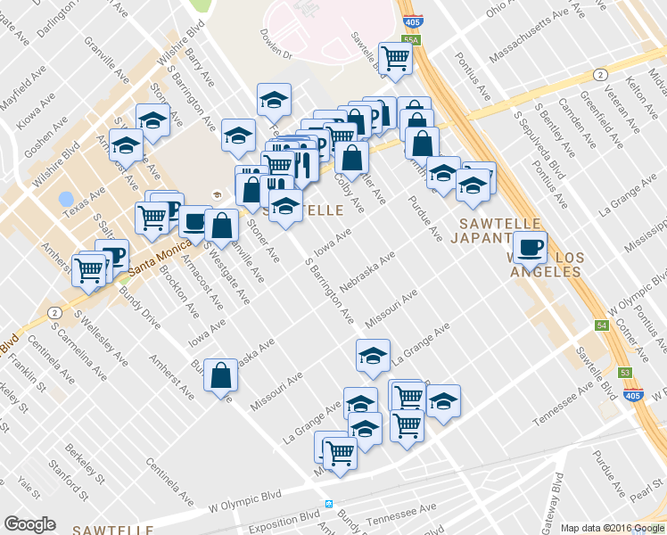 map of restaurants, bars, coffee shops, grocery stores, and more near 1718 South Barrington Avenue in Los Angeles