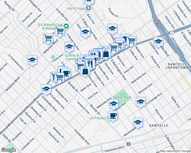 map of restaurants, bars, coffee shops, grocery stores, and more near 11861 Idaho Avenue in Los Angeles