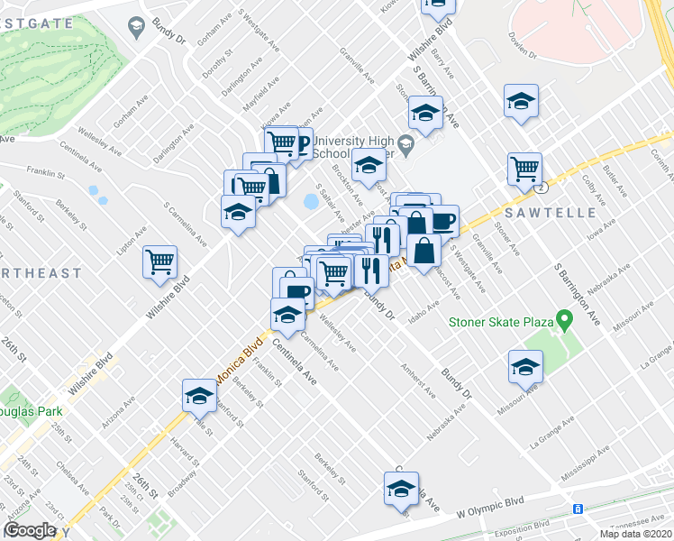 map of restaurants, bars, coffee shops, grocery stores, and more near 1443 South Bundy Drive in Los Angeles