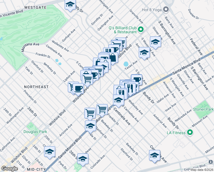 map of restaurants, bars, coffee shops, grocery stores, and more near 12323 Texas Avenue in Los Angeles