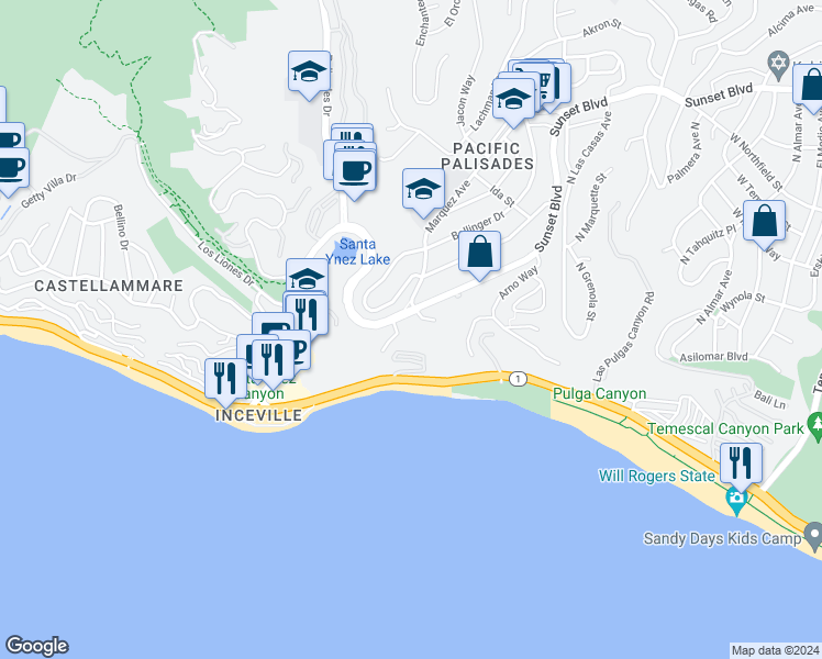 map of restaurants, bars, coffee shops, grocery stores, and more near 16990 Sunset Boulevard in Los Angeles