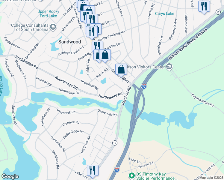 map of restaurants, bars, coffee shops, grocery stores, and more near 3417 Northshore Road in Columbia
