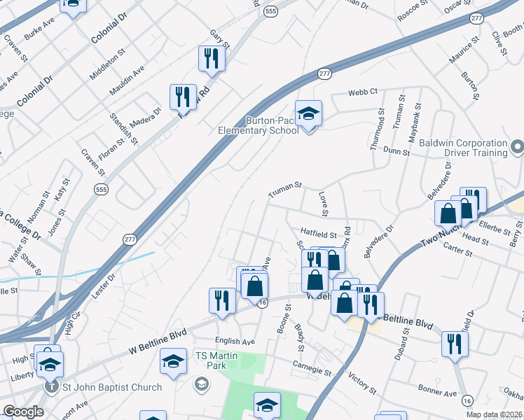 map of restaurants, bars, coffee shops, grocery stores, and more near 3055 Truman Street in Columbia