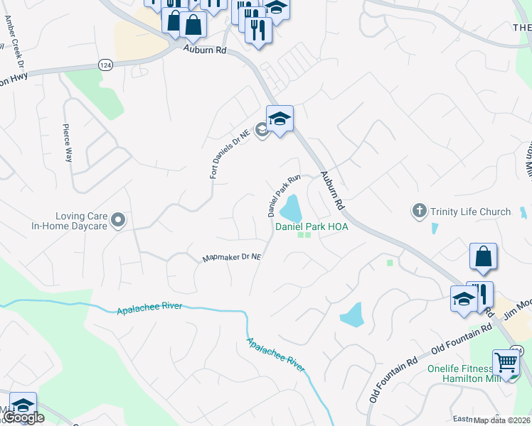 map of restaurants, bars, coffee shops, grocery stores, and more near 2820 Daniel Park Run in Dacula