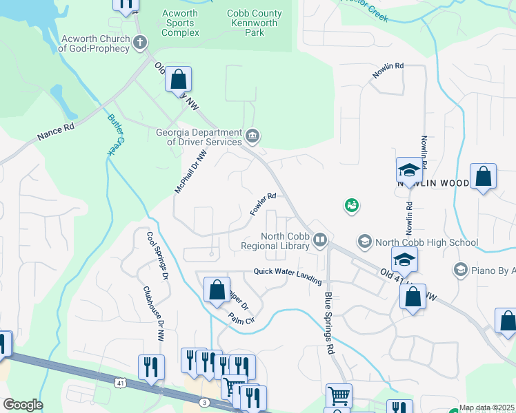 map of restaurants, bars, coffee shops, grocery stores, and more near 3650 Fowler Road in Kennesaw