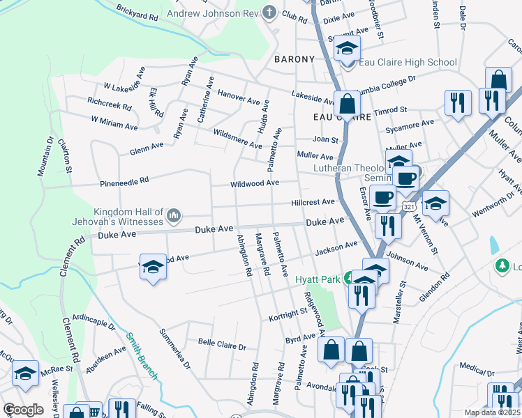 map of restaurants, bars, coffee shops, grocery stores, and more near 516 Hillcrest Avenue in Columbia