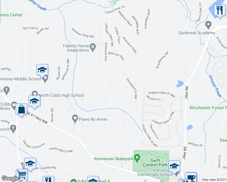 map of restaurants, bars, coffee shops, grocery stores, and more near 2633 Myrtlewood Lane Northwest in Kennesaw