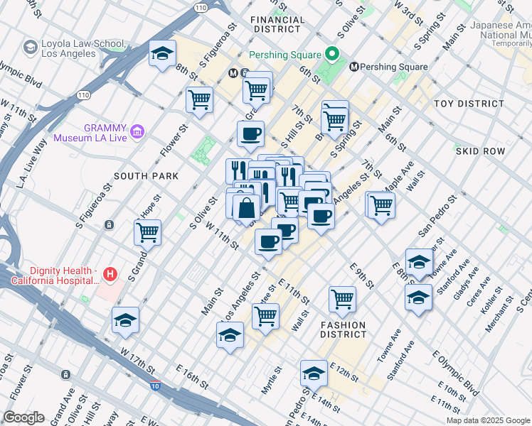 map of restaurants, bars, coffee shops, grocery stores, and more near 952 South Broadway in Los Angeles