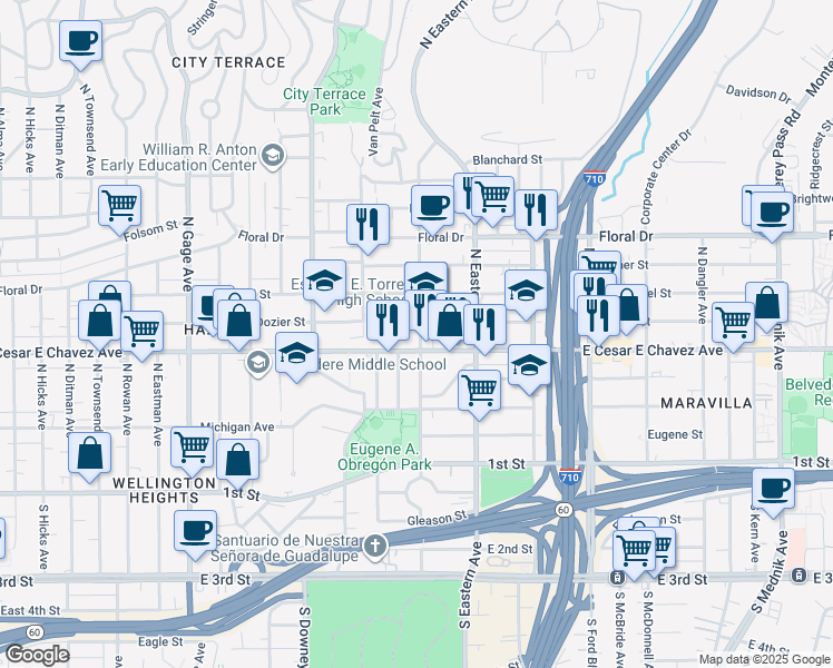 map of restaurants, bars, coffee shops, grocery stores, and more near 419 North Marianna Avenue in Los Angeles