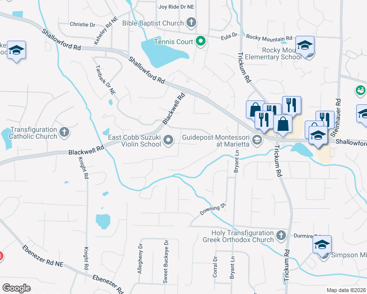 map of restaurants, bars, coffee shops, grocery stores, and more near 2098 Candlewood Court Northeast in Marietta