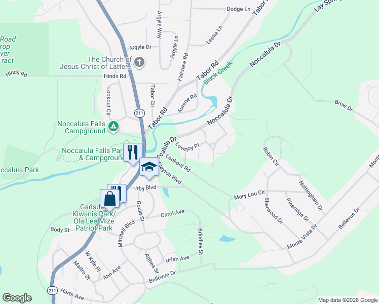 map of restaurants, bars, coffee shops, grocery stores, and more near 100 Miller Avenue in Gadsden