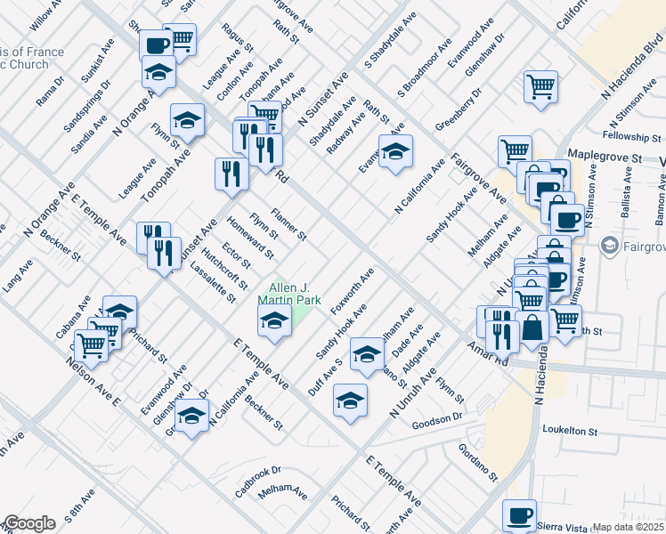 map of restaurants, bars, coffee shops, grocery stores, and more near 822 Greenberry Drive in La Puente