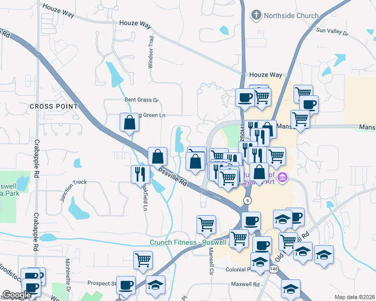 map of restaurants, bars, coffee shops, grocery stores, and more near 203 Mill Pond Road in Roswell