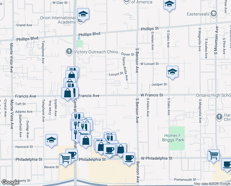 map of restaurants, bars, coffee shops, grocery stores, and more near 5556 Francis Avenue in Chino