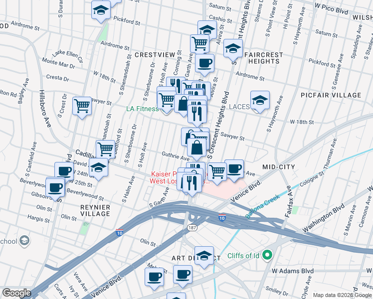 map of restaurants, bars, coffee shops, grocery stores, and more near 1960 Chariton Street in Los Angeles