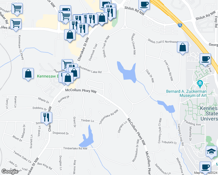 map of restaurants, bars, coffee shops, grocery stores, and more near 2210 Fairways Court in Kennesaw