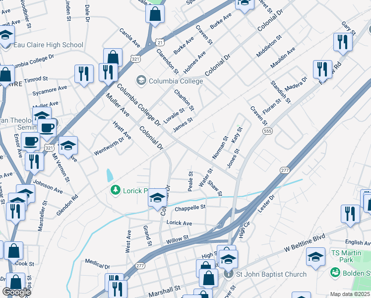 map of restaurants, bars, coffee shops, grocery stores, and more near 1630 Columbia College Drive in Columbia