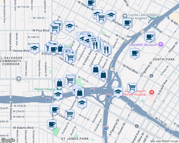 map of restaurants, bars, coffee shops, grocery stores, and more near 1021 Venice Boulevard in Los Angeles