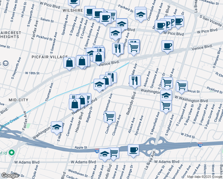 map of restaurants, bars, coffee shops, grocery stores, and more near W Washington Blvd & Dunsmuir Ave in Los Angeles