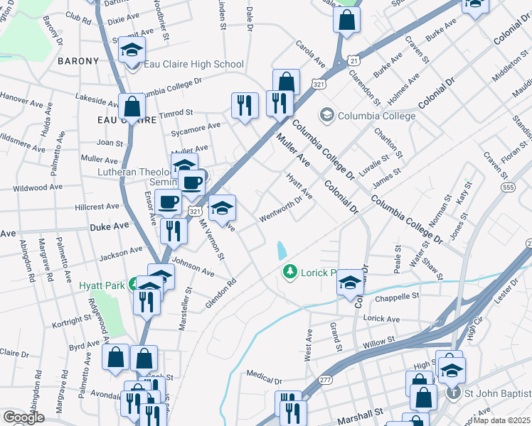 map of restaurants, bars, coffee shops, grocery stores, and more near 4311 Wentworth Drive in Columbia