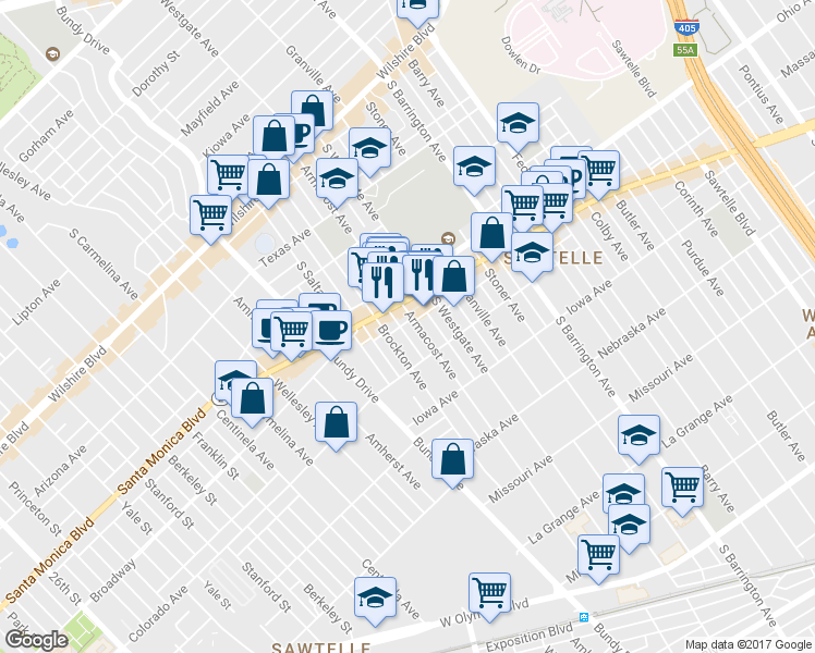 map of restaurants, bars, coffee shops, grocery stores, and more near 1530 Armacost Avenue in Los Angeles