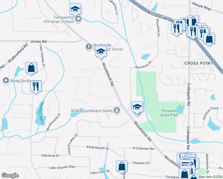 map of restaurants, bars, coffee shops, grocery stores, and more near 105 Elizabeth Cove in Roswell