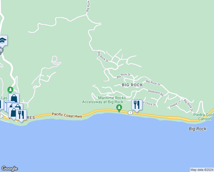 map of restaurants, bars, coffee shops, grocery stores, and more near 20645 Seaboard Road in Malibu