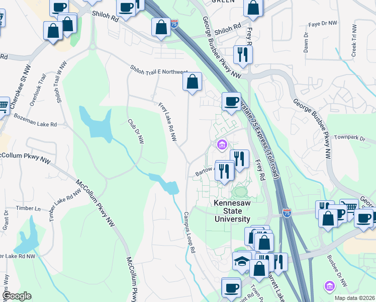 map of restaurants, bars, coffee shops, grocery stores, and more near 3600 Frey Lake Road Northwest in Kennesaw
