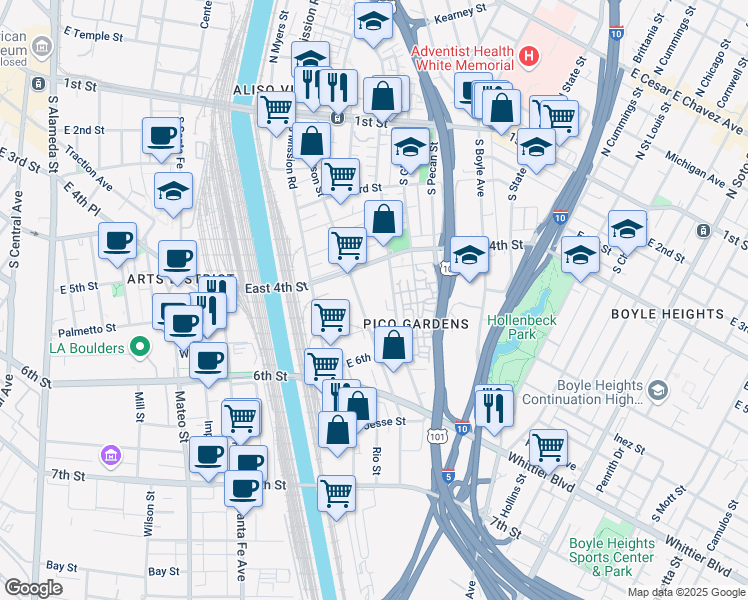 map of restaurants, bars, coffee shops, grocery stores, and more near 449 South Clarence Street in Los Angeles