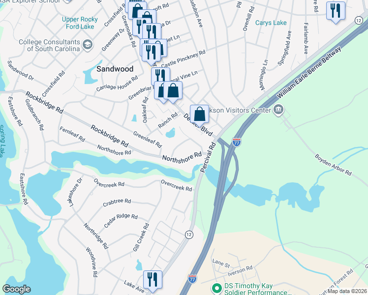 map of restaurants, bars, coffee shops, grocery stores, and more near 3417 Northshore Road in Columbia