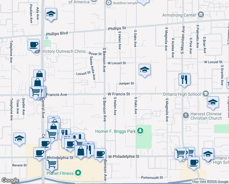 map of restaurants, bars, coffee shops, grocery stores, and more near 1750 South Helen Avenue in Ontario