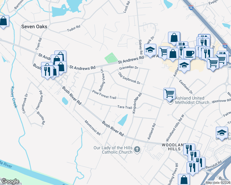 map of restaurants, bars, coffee shops, grocery stores, and more near 885 Pine Forest Trail Court in Columbia