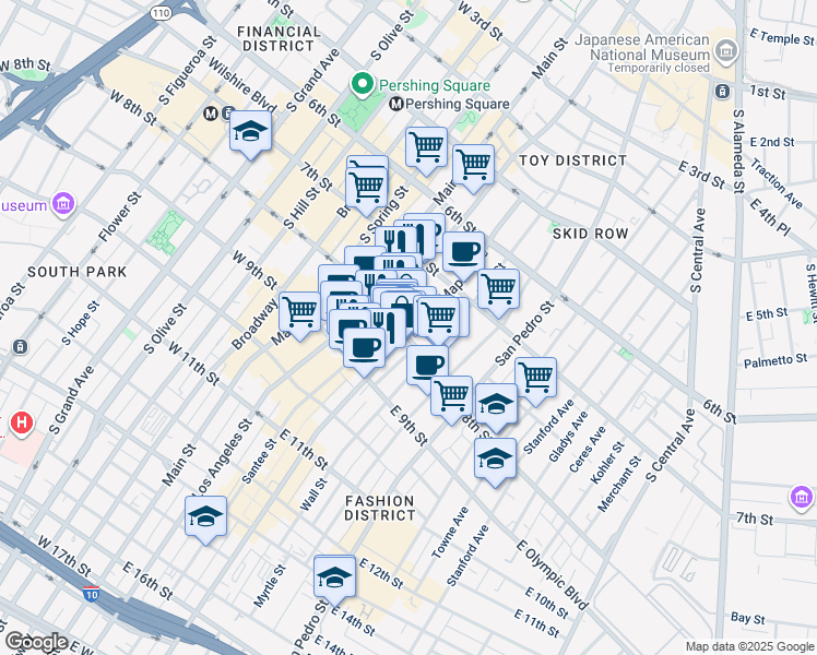 map of restaurants, bars, coffee shops, grocery stores, and more near 315 East 8th Street in Los Angeles