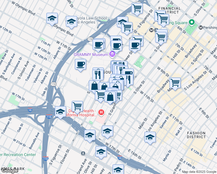 map of restaurants, bars, coffee shops, grocery stores, and more near 1147s South Hope Street in Los Angeles