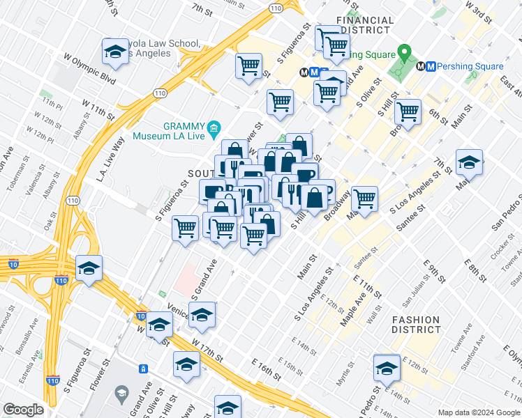 map of restaurants, bars, coffee shops, grocery stores, and more near 330 West 11th Street in Los Angeles
