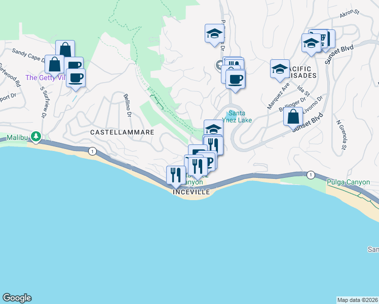 map of restaurants, bars, coffee shops, grocery stores, and more near 17337 Tramonto Drive in Los Angeles