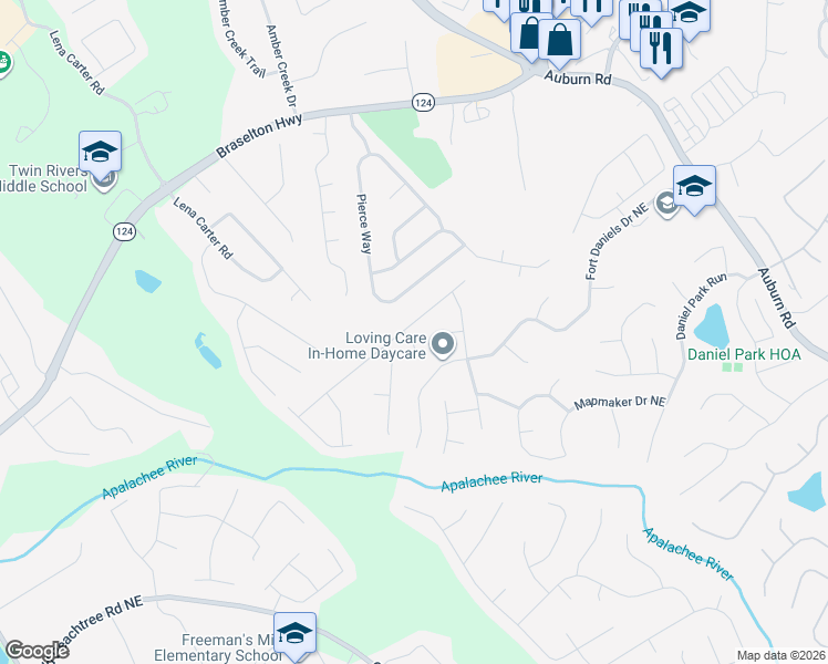map of restaurants, bars, coffee shops, grocery stores, and more near 2720 Fort Apachee Trail in Dacula