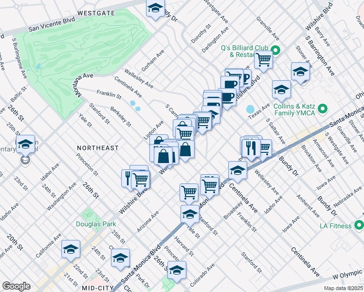 map of restaurants, bars, coffee shops, grocery stores, and more near in Santa Monica