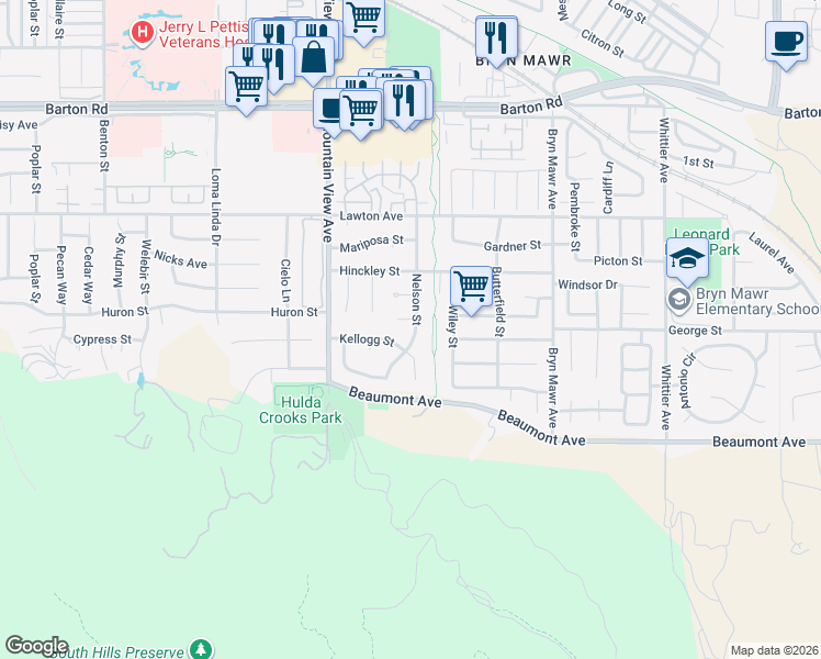 map of restaurants, bars, coffee shops, grocery stores, and more near 25845 Davis Way in Loma Linda