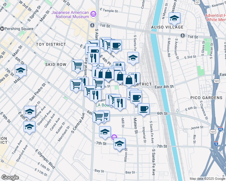 map of restaurants, bars, coffee shops, grocery stores, and more near 518 Colyton Street in Los Angeles